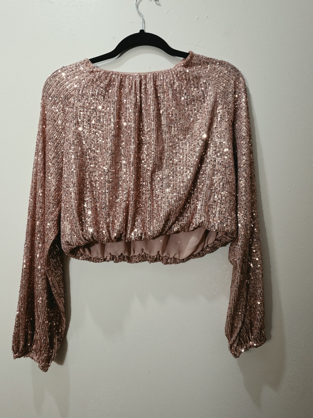 Rose Gold Sequin Cropped Blouse with Balloon Sleeves L Discotheque Sparkly Party